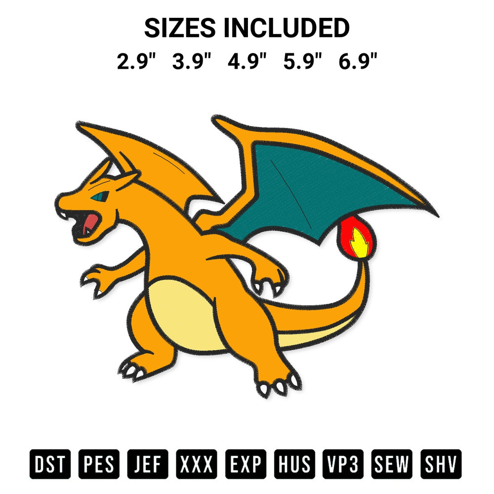 Add a unique touch to your apparel with the Charizard Pokemon Embroidery Design embroidery file. Premium instant download available now on Designspacks.com. Available sizes: 2.9", 3.9", 4.9", 5.9", 6.9".