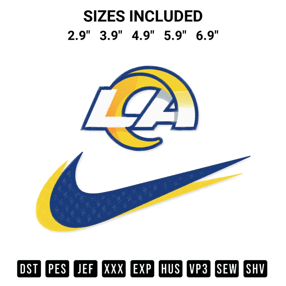 Transform your fabrics with the Los Angeles Rams Swoosh Embroidery Design embroidery design. Instant access to premium digitized patterns at Designspacks.com. Available sizes: 2.9", 3.9", 4.9", 5.9", 6.9".