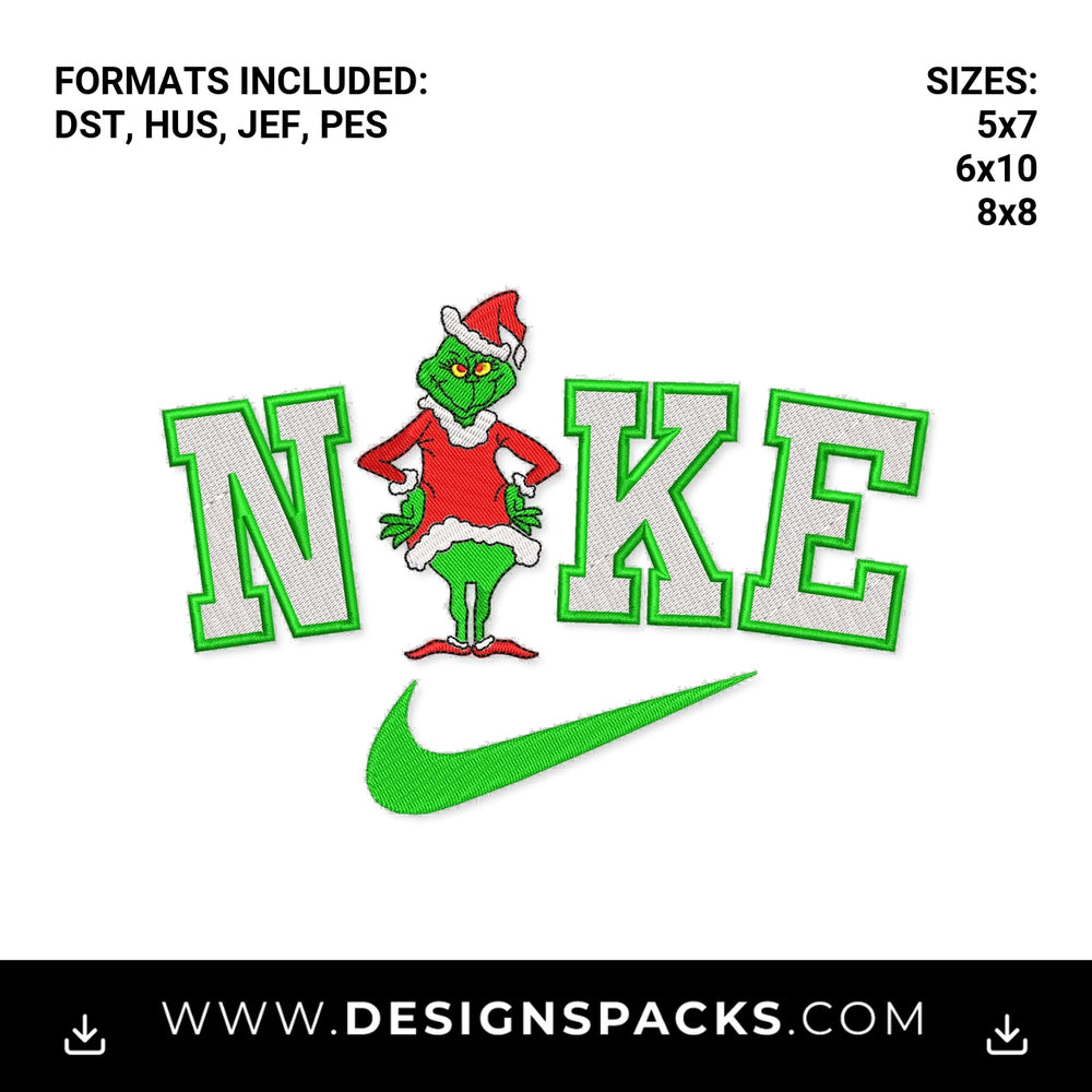 Christmas Grinch Nike Swoosh Logo Embroidery Design - Instant digital download pattern at Designspacks.com