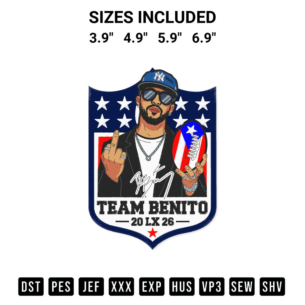Add a unique touch to your apparel with the Team Benito Bad Bunny 2026 Super Bowl Lx Embroidery Design embroidery file. Premium instant download available now on Designspacks.com. Available sizes: 3.9", 4.9", 5.9", 6.9".