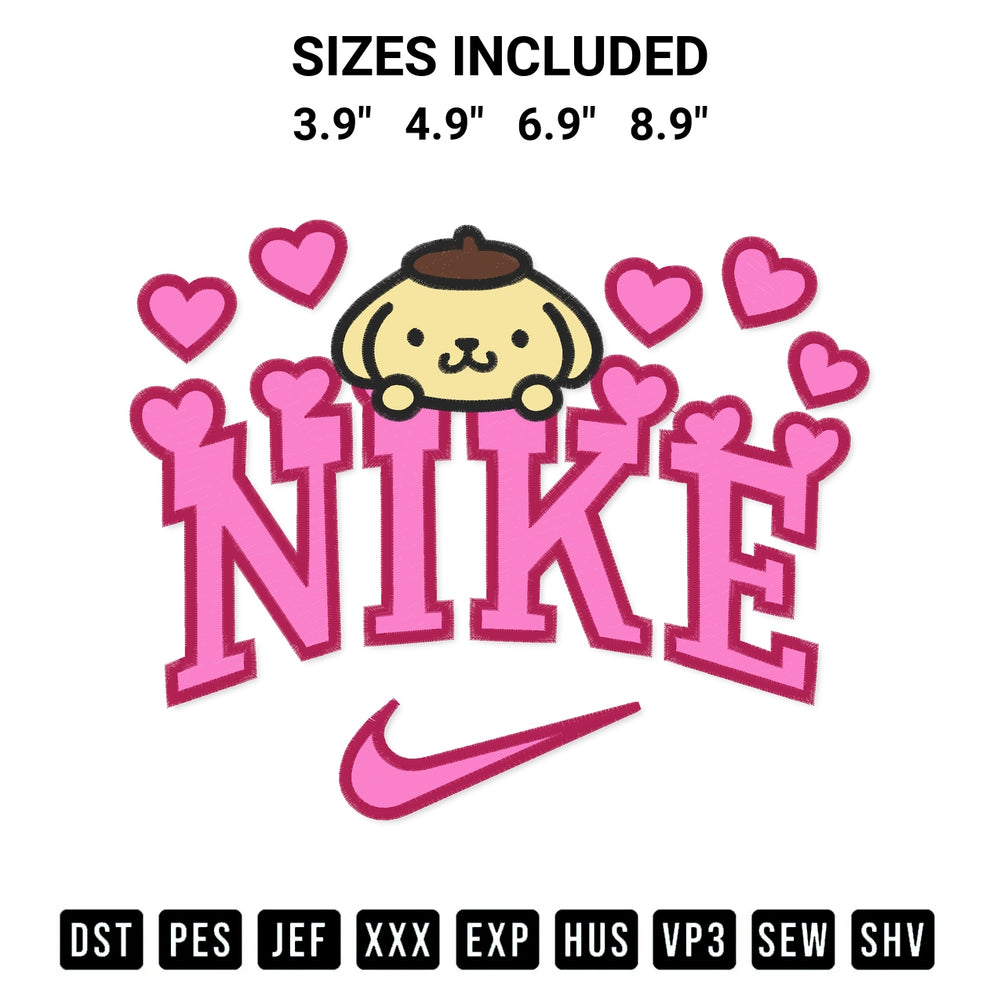 Shop the Nike Pompompurin Hearts Embroidery Design machine embroidery pattern at Designspacks.com. Beautifully digitized for flawless stitching on any fabric. Available sizes: 3.9", 4.9", 6.9", 8.9".