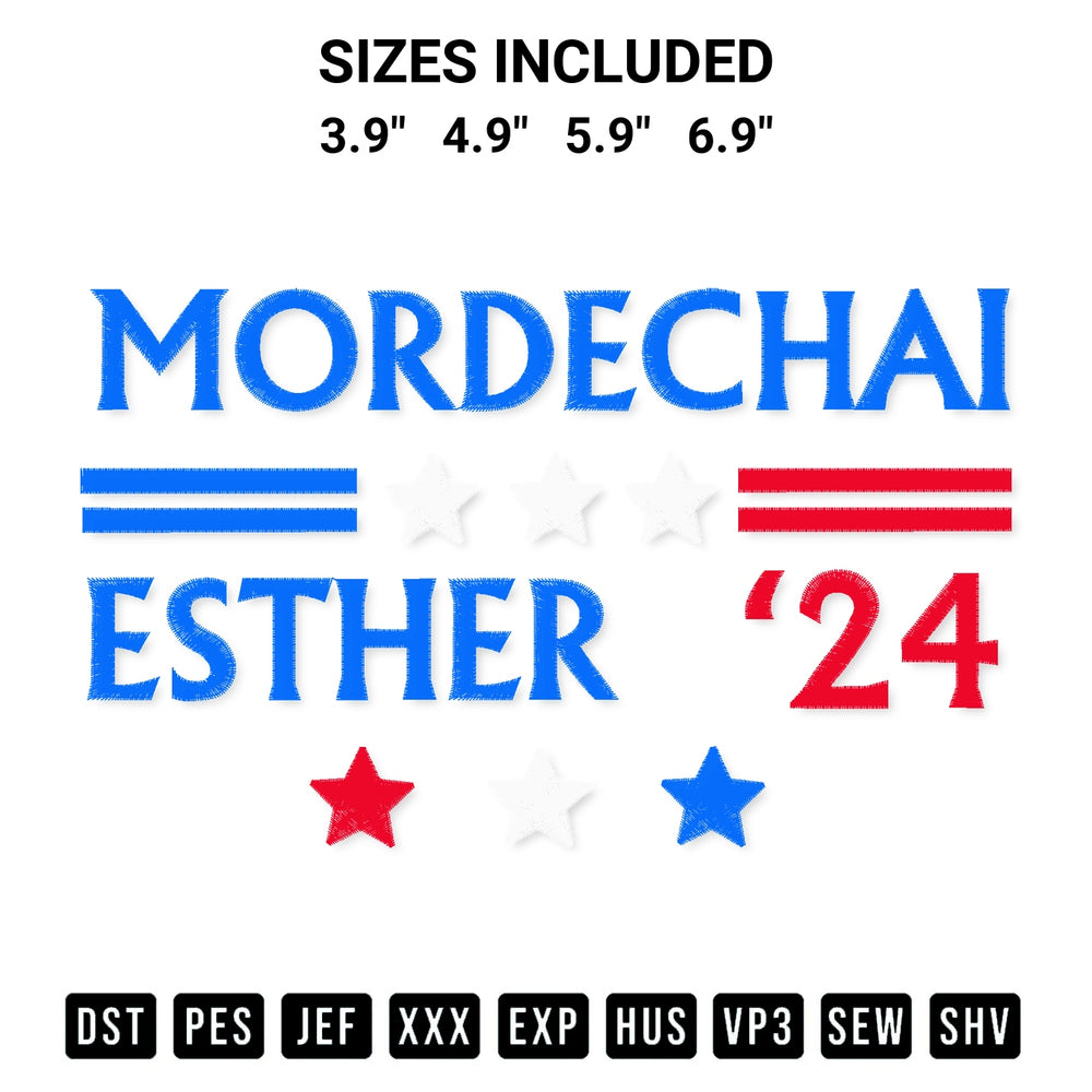 Get the Queen Esther Mordechai 2024 Embroidery Design embroidery design for your custom crafts! Premium digitized files available for instant download at Designspacks.com. Available sizes: 3.9", 4.9", 5.9", 6.9".