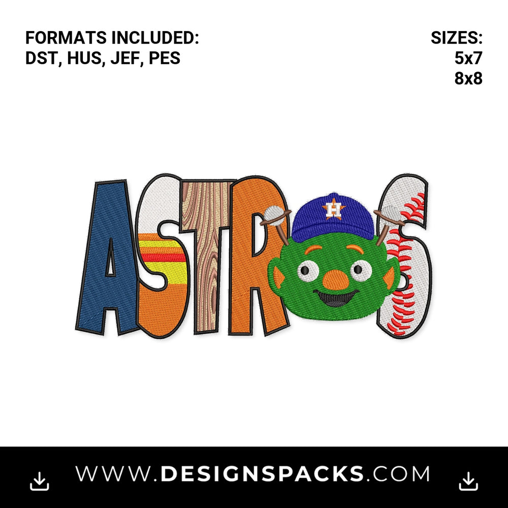 Houston Astros Mascot Baseball Letters Embroidery Design - Instant digital download pattern at Designspacks.com