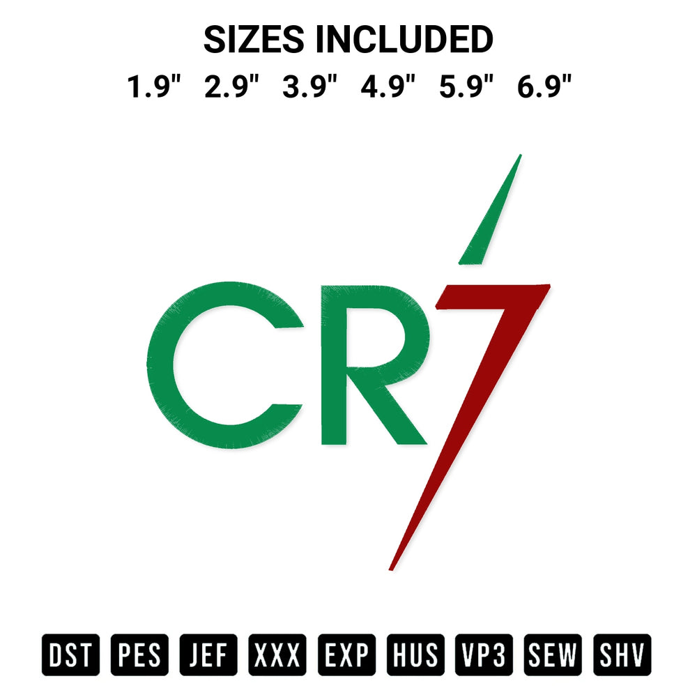 Shop the Cristiano Ronaldo Cr7 Logo Embroidery Design machine embroidery pattern at Designspacks.com. Beautifully digitized for flawless stitching on any fabric. Available sizes: 1.9", 2.9", 3.9", 4.9", 5.9", 6.9".