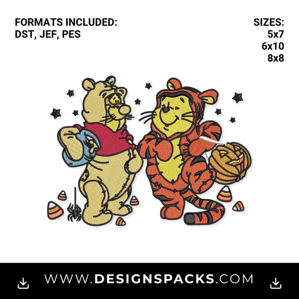 Pooh and Tigger Halloween Costumes Embroidery Design - Instant digital download pattern at Designspacks.com