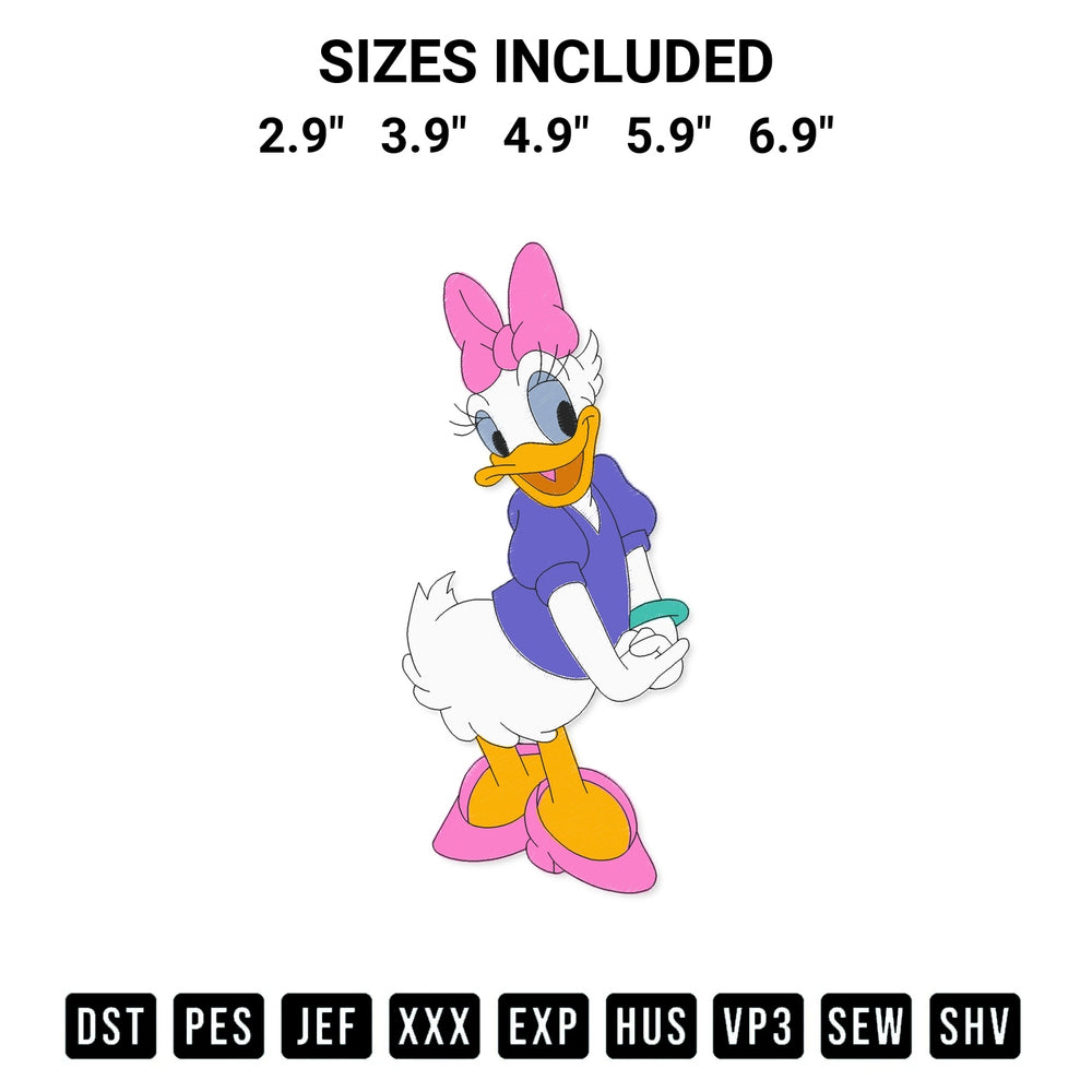 Transform your fabrics with the Cute Daisy Duck Embroidery Print Embroidery Design embroidery design. Instant access to premium digitized patterns at Designspacks.com. Available sizes: 2.9", 3.9", 4.9", 5.9", 6.9".