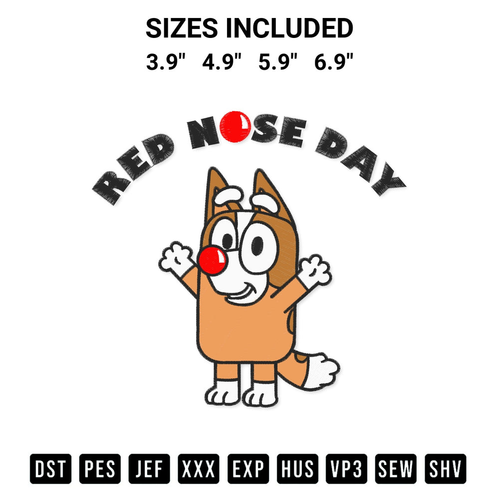 Create amazing crafts with the Bingo Red Nose Day Bluey And Bingo Embroidery Design embroidery file. High-quality digital download from Designspacks.com, perfect for beginners and pros. Available sizes: 3.9", 4.9", 5.9", 6.9".