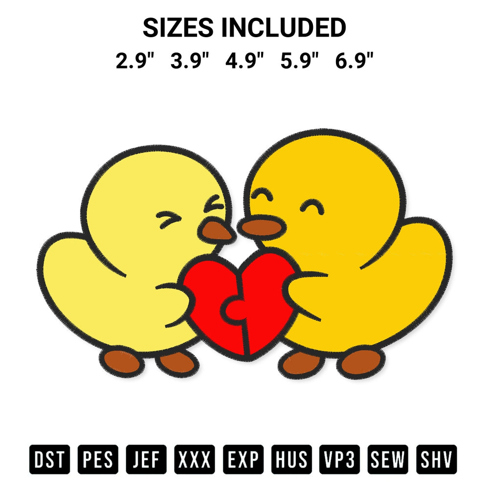 Create amazing crafts with the Duckie And Duck Heart Puzzle Embroidery Design embroidery file. High-quality digital download from Designspacks.com, perfect for beginners and pros. Available sizes: 2.9", 3.9", 4.9", 5.9", 6.9".