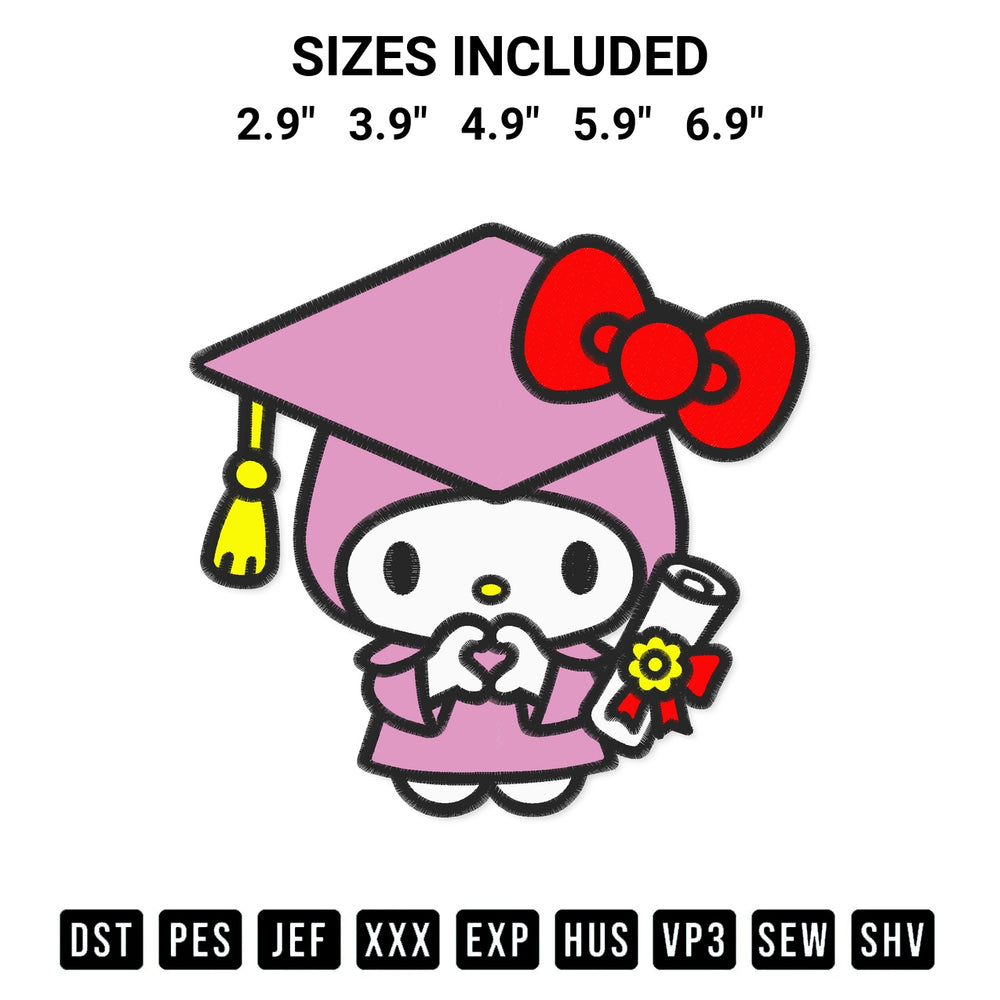 Discover the perfect addition to your crafting collection: Graduation My Melody Heart Hand Embroidery Design embroidery file. Instantly available at Designspacks.com. Available sizes: 2.9", 3.9", 4.9", 5.9", 6.9".
