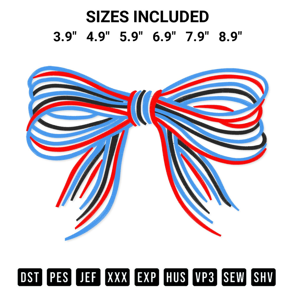Get the Patriotic Striped Bow Embroidery Design embroidery design for your custom crafts! Premium digitized files available for instant download at Designspacks.com. Available sizes: 3.9", 4.9", 5.9", 6.9", 7.9", 8.9".