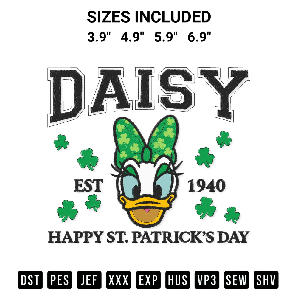 Transform your fabrics with the Daisy Duck St Patricks Day 1940 Embroidery Design embroidery design. Instant access to premium digitized patterns at Designspacks.com. Available sizes: 3.9", 4.9", 5.9", 6.9".