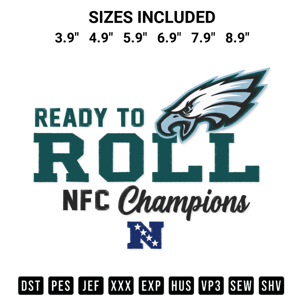 Transform your fabrics with the Philadelphia Eagles Ready To Roll Nfc Champions Embroidery Design embroidery design. Instant access to premium digitized patterns at Designspacks.com. Available sizes: 3.9", 4.9", 5.9", 6.9", 7.9", 8.9".