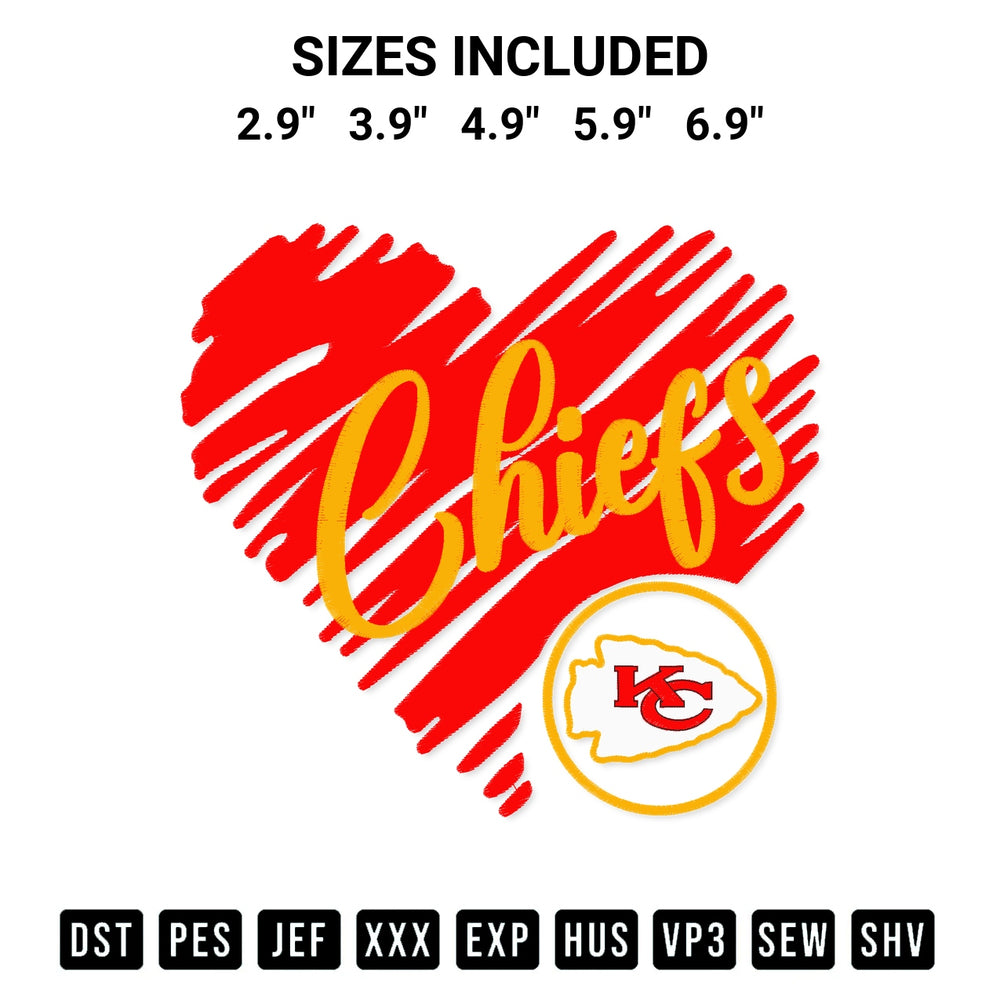 Download the Heart Love Kansas City Chiefs Embroidery Design machine embroidery design exclusively at Designspacks.com. Premium digitized pattern for apparel and DIY crafts. Available sizes: 2.9", 3.9", 4.9", 5.9", 6.9".