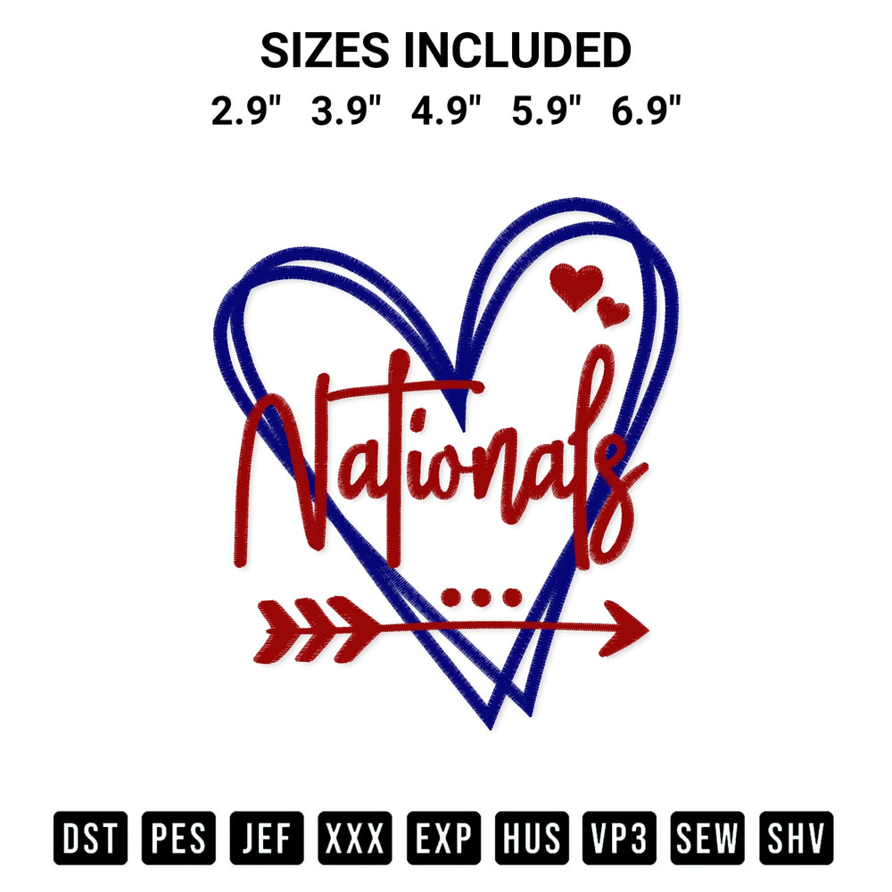 Download the Washington Nationals Heart Embroidery Design machine embroidery design exclusively at Designspacks.com. Premium digitized pattern for apparel and DIY crafts. Available sizes: 2.9", 3.9", 4.9", 5.9", 6.9".