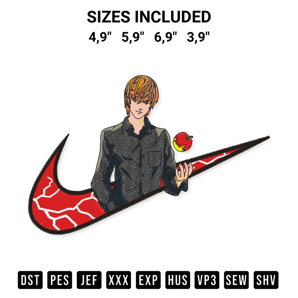 Download the Nike Yagami Raito Death Note Logo Embroidery Design machine embroidery design exclusively at Designspacks.com. Premium digitized pattern for apparel and DIY crafts. Available sizes: 4,9", 5,9", 6,9", 3,9".
