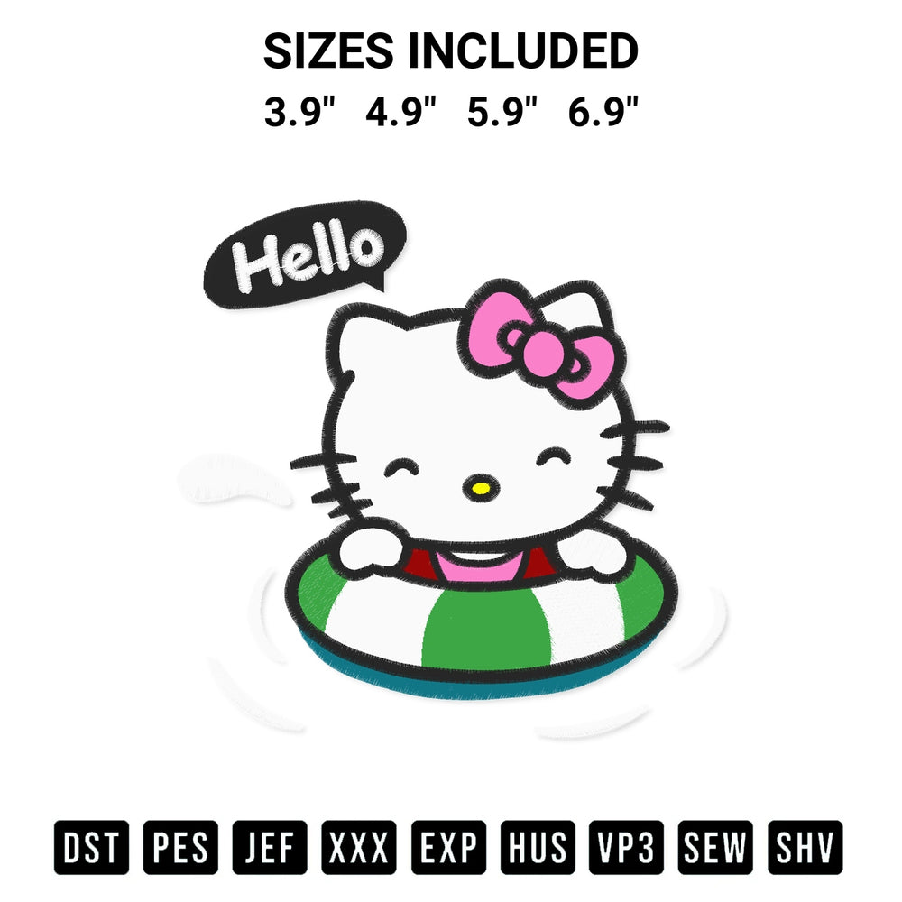 Create amazing crafts with the Hello Kitty Summer Embroidery Design embroidery file. High-quality digital download from Designspacks.com, perfect for beginners and pros. Available sizes: 3.9", 4.9", 5.9", 6.9".