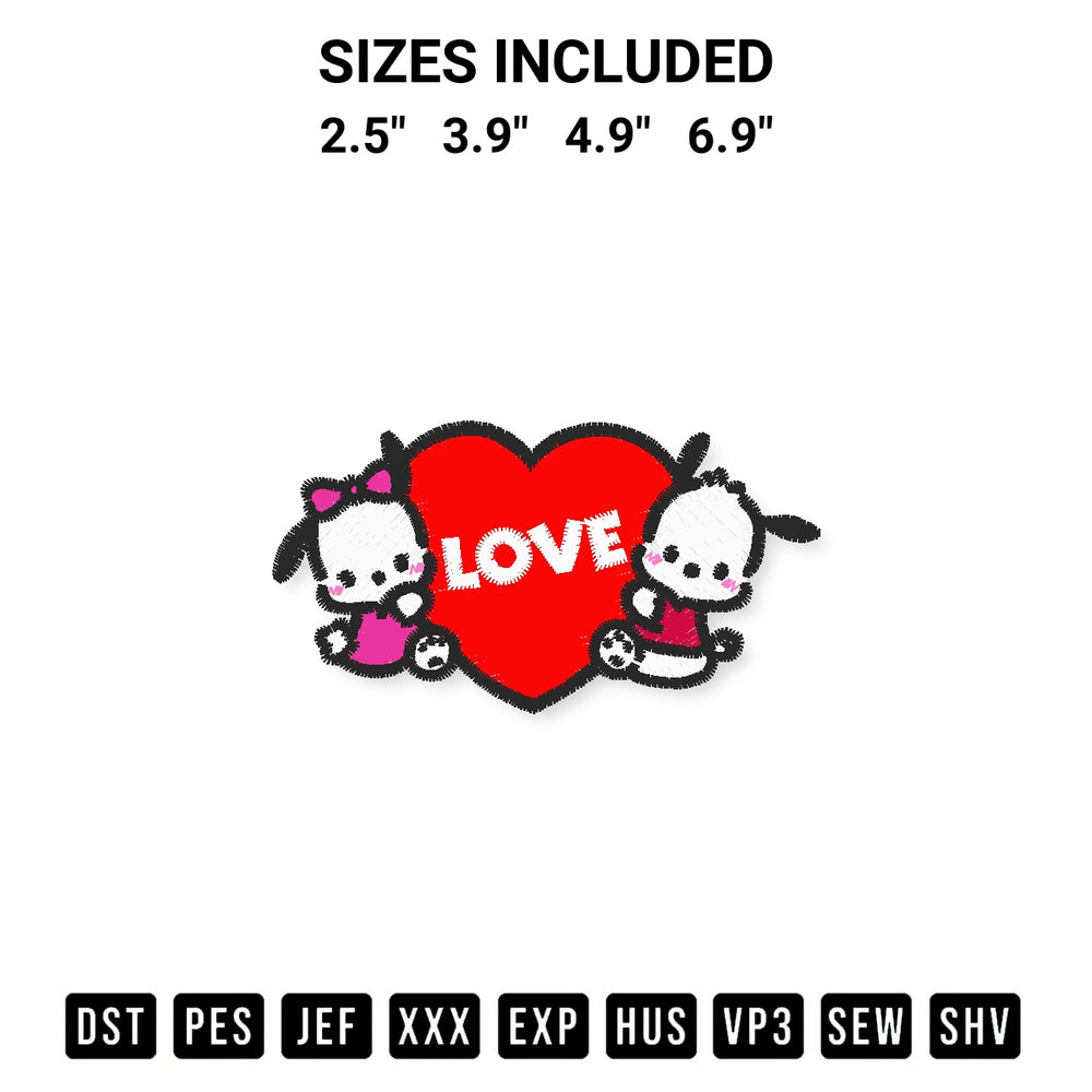 Discover the perfect addition to your crafting collection: Love Pochacco And Pochamii Valentine Embroidery Design embroidery file. Instantly available at Designspacks.com. Available sizes: 2.5", 3.9", 4.9", 6.9".