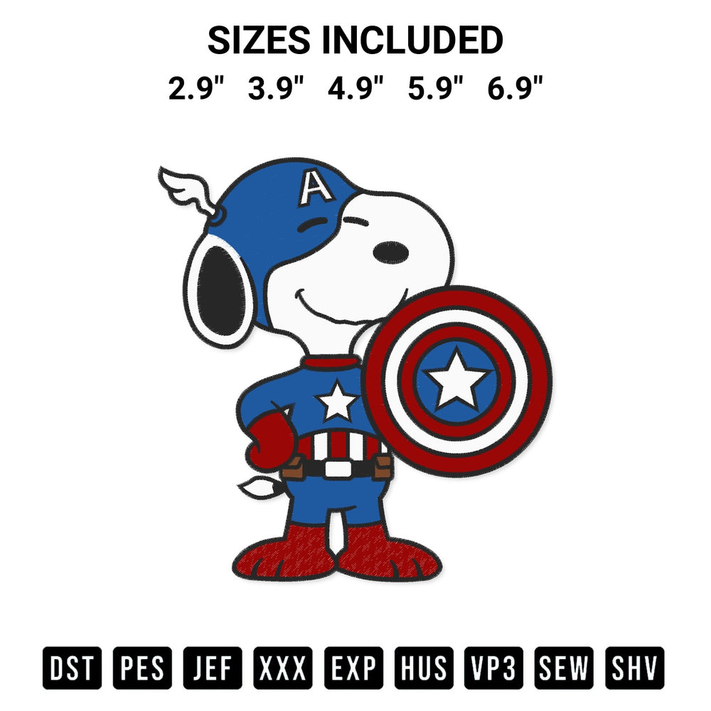 Elevate your next project with our Snoopy As Captain America Embroidery Design embroidery file. Shop high-quality digital patterns instantly at Designspacks.com. Available sizes: 2.9", 3.9", 4.9", 5.9", 6.9".