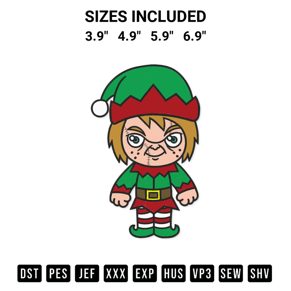Transform your fabrics with the Chibi Chucky Elf Christmas Embroidery Design embroidery design. Instant access to premium digitized patterns at Designspacks.com. Available sizes: 3.9", 4.9", 5.9", 6.9".