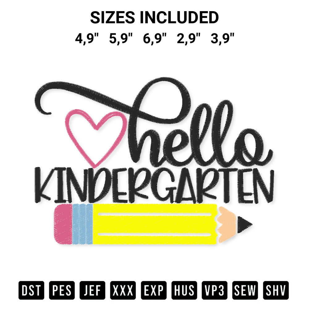 Transform your fabrics with the Hello Kindergarten First Day Of School Teacher Students Back To School Hello Kindergarten Logo Embroidery Design embroidery design. Instant access to premium digitized patterns at Designspacks.com. Available sizes: 4,9", 5,9", 6,9", 2,9", 3,9".