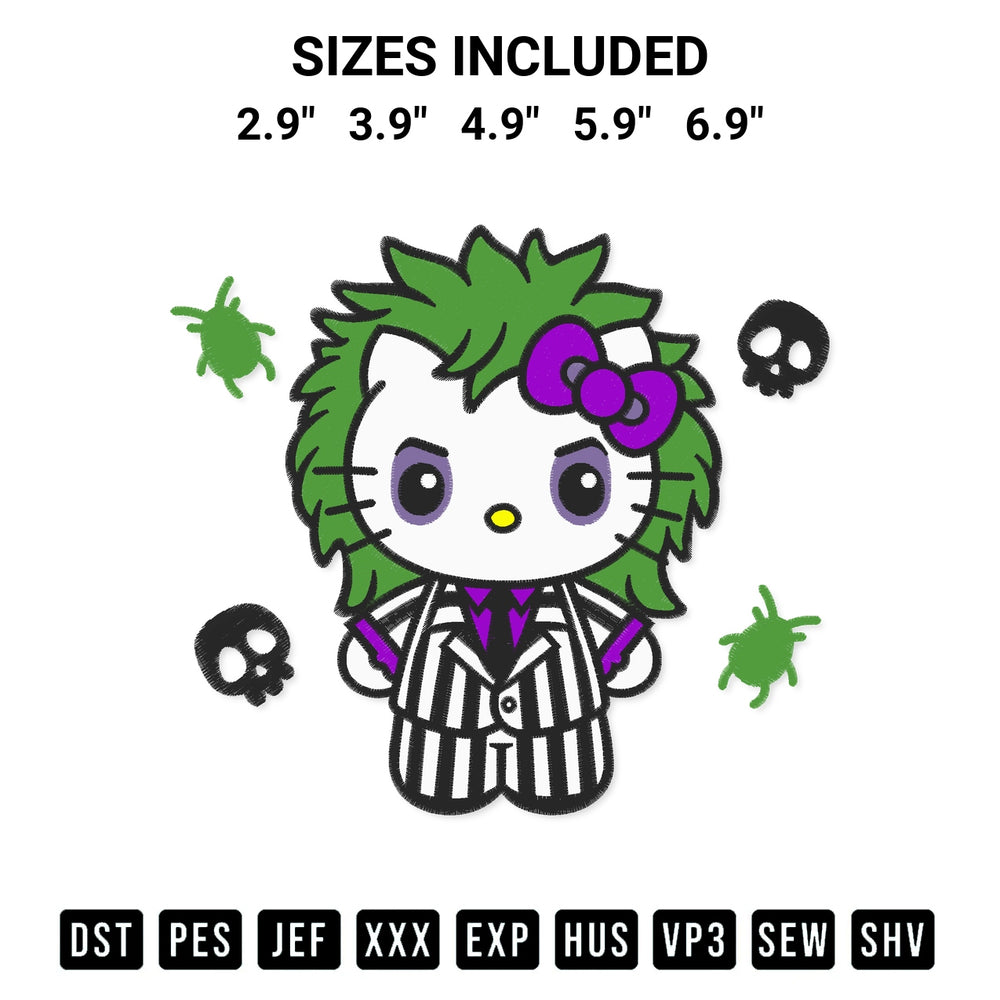 Add a unique touch to your apparel with the Hello Kitty Beetlejuice Embroidery Design embroidery file. Premium instant download available now on Designspacks.com. Available sizes: 2.9", 3.9", 4.9", 5.9", 6.9".