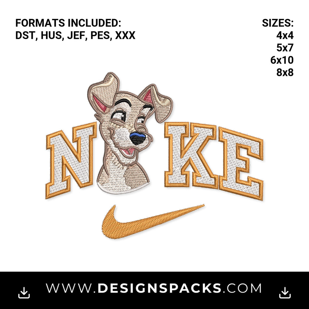 Tramp Cartoon Dog Athletic Swoosh Embroidery Design - Instant digital download pattern at Designspacks.com