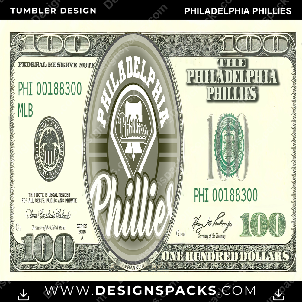 Diseño de envoltura digital de vaso de los Philadelphia Phillies con billete de cien dólares de béisbol