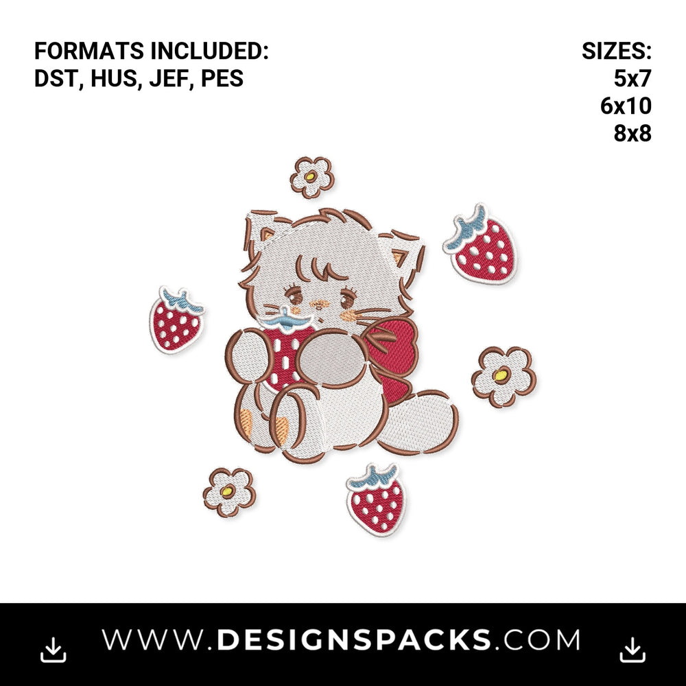 Cute Strawberry Kitten with Flowers Embroidery Design - Instant digital download pattern at Designspacks.com