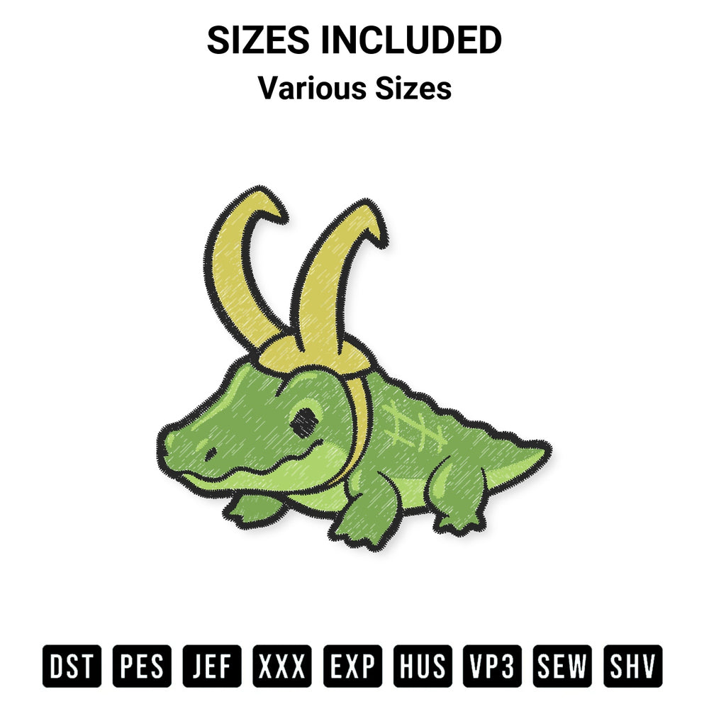 Add a unique touch to your apparel with the Loki Crocodile Embroidery Design embroidery file. Premium instant download available now on Designspacks.com. Available sizes: Various Sizes.