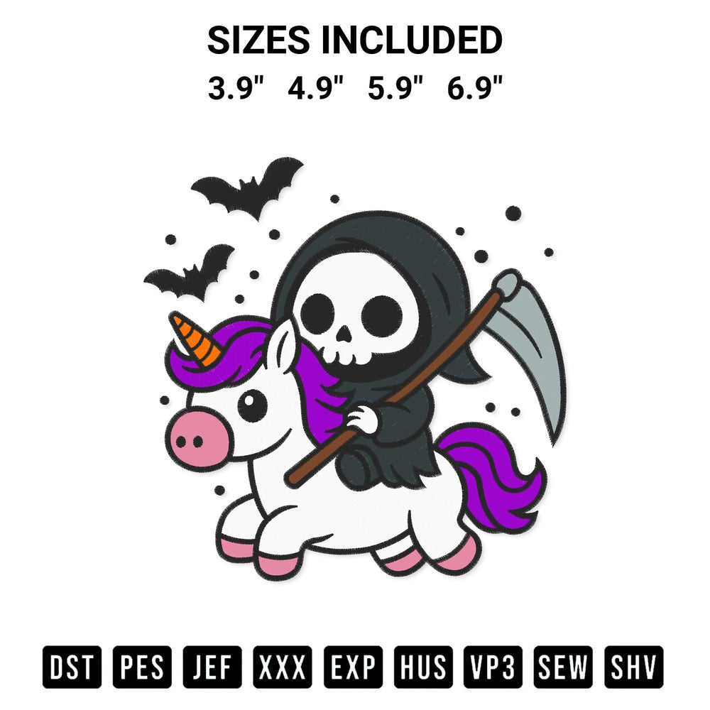 Stitch like a pro with the Grim Reaper Unicorn Embroidery Design embroidery pattern from Designspacks.com. High-quality digital machine embroidery file. Available sizes: 3.9", 4.9", 5.9", 6.9".