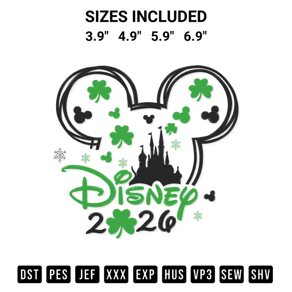 Get the Mickey Head Disney 2026 Patricks Day Shamrock Castle Embroidery Design embroidery design for your custom crafts! Premium digitized files available for instant download at Designspacks.com. Available sizes: 3.9", 4.9", 5.9", 6.9".