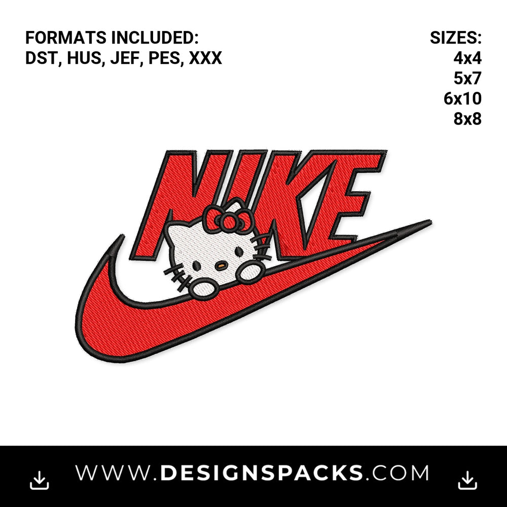 Peeking Hello Kitty Red Nike Swoosh Embroidery Design - Instant digital download pattern at Designspacks.com