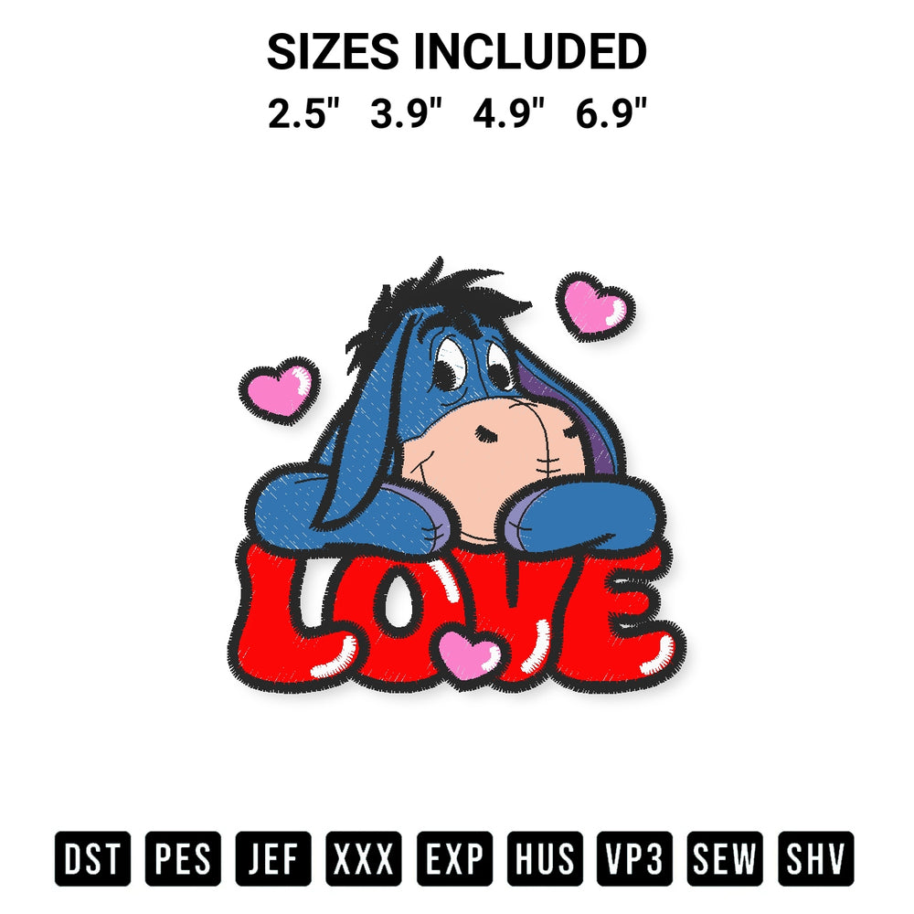 Shop the Love Eeyore Valentine Embroidery Design machine embroidery pattern at Designspacks.com. Beautifully digitized for flawless stitching on any fabric. Available sizes: 2.5", 3.9", 4.9", 6.9".