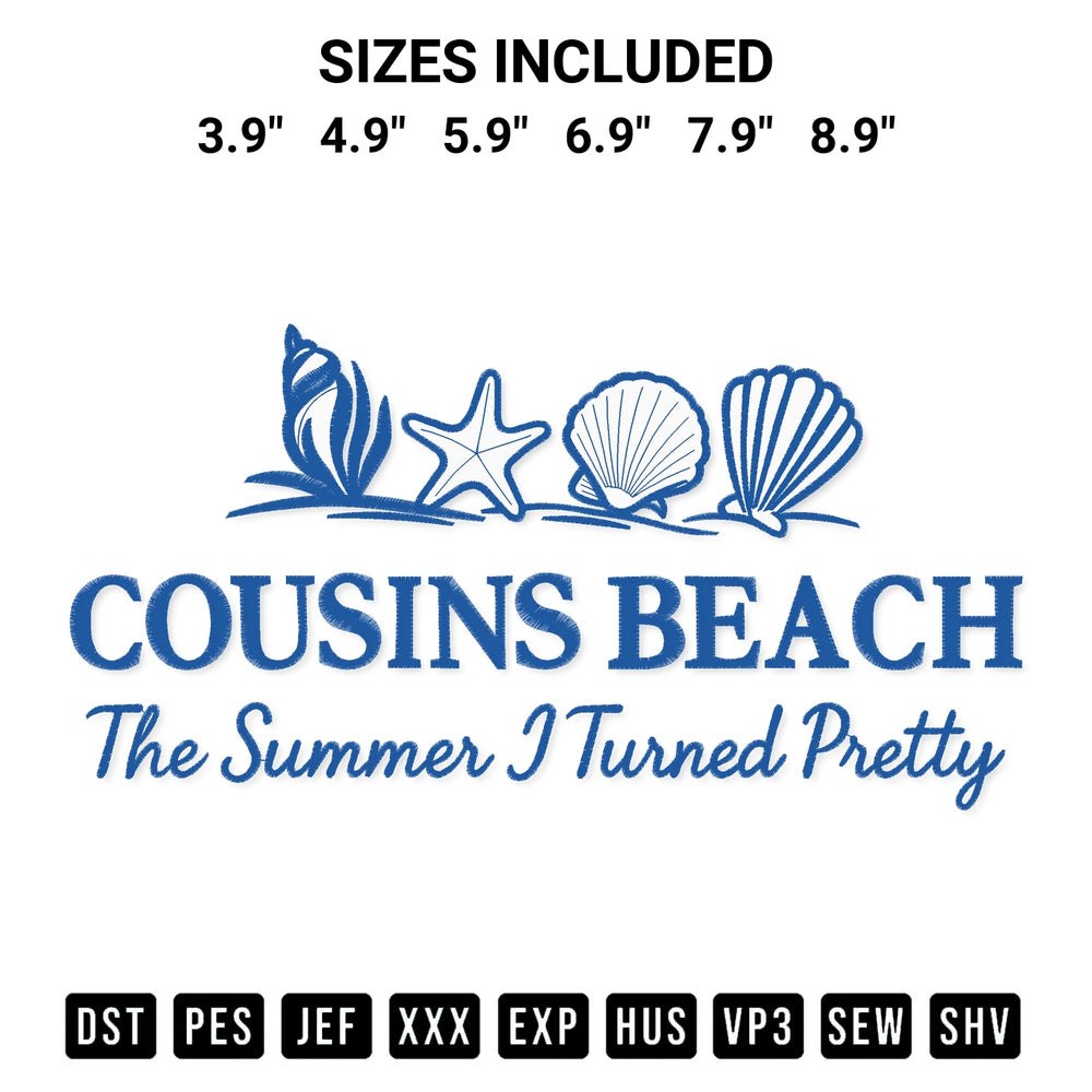 Discover the perfect addition to your crafting collection: Cousins Beach The Summer I Turned Pretty Embroidery Design embroidery file. Instantly available at Designspacks.com. Available sizes: 3.9", 4.9", 5.9", 6.9", 7.9", 8.9".