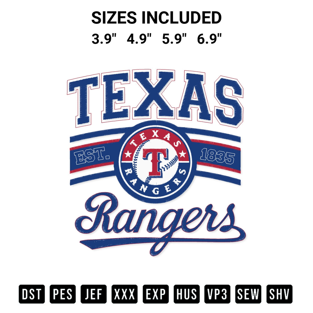 Looking for the perfect pattern? Download the Texas Rangers Est 1935 Embroidery Design embroidery design today at Designspacks.com. Crisp, clean stitching guaranteed. Available sizes: 3.9", 4.9", 5.9", 6.9".