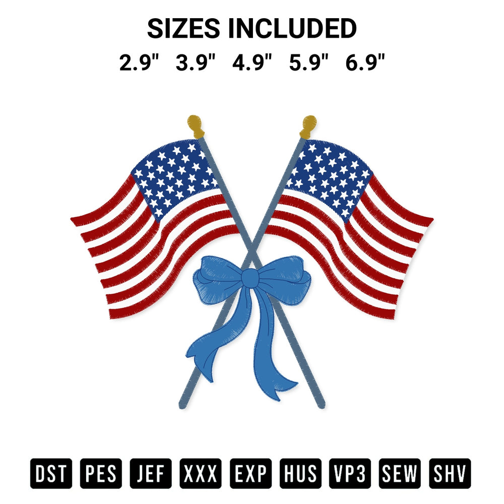 Stitch like a pro with the American Flags With Bow Embroidery Design embroidery pattern from Designspacks.com. High-quality digital machine embroidery file. Available sizes: 2.9", 3.9", 4.9", 5.9", 6.9".