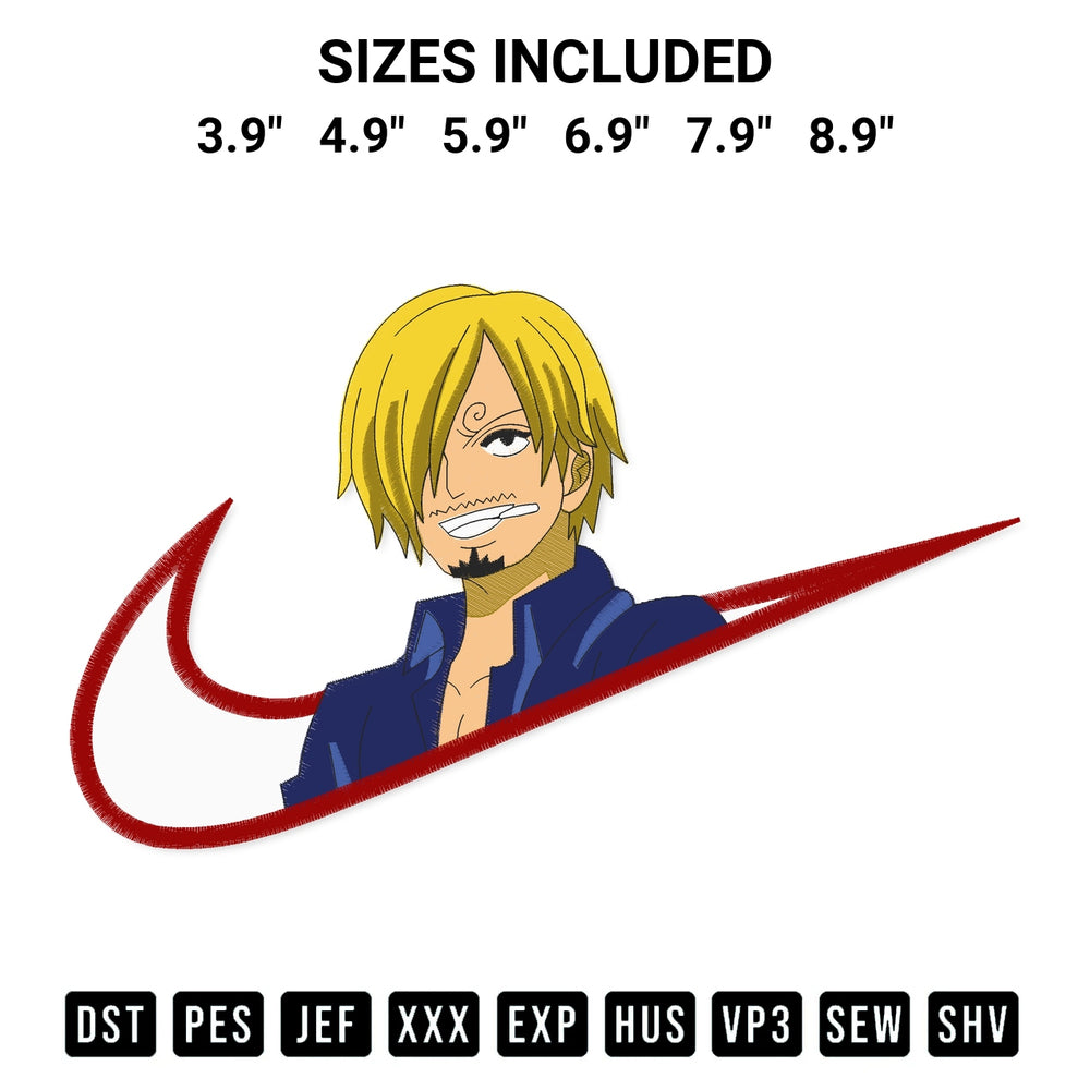 Elevate your next project with our Swoosh Vinsmoke Sanji Embroidery Design embroidery file. Shop high-quality digital patterns instantly at Designspacks.com. Available sizes: 3.9", 4.9", 5.9", 6.9", 7.9", 8.9".