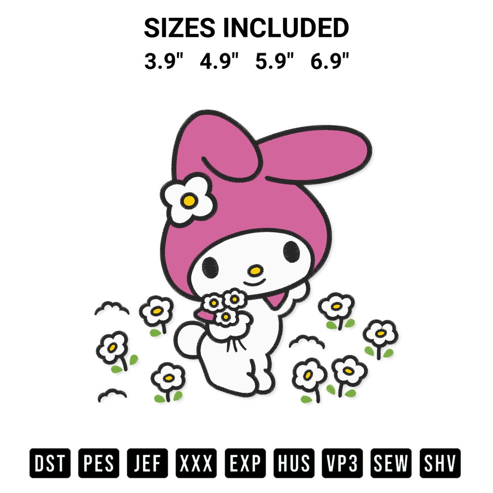 Looking for the perfect pattern? Download the My Melody With Flowers Embroidery Design embroidery design today at Designspacks.com. Crisp, clean stitching guaranteed. Available sizes: 3.9", 4.9", 5.9", 6.9".