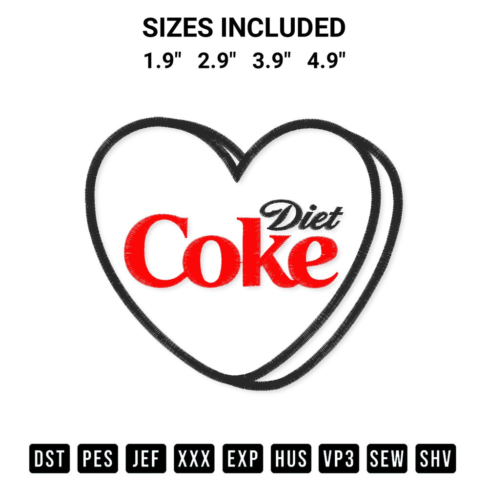 Discover the perfect addition to your crafting collection: Diet Coke Heart Embroidery Design embroidery file. Instantly available at Designspacks.com. Available sizes: 1.9", 2.9", 3.9", 4.9".