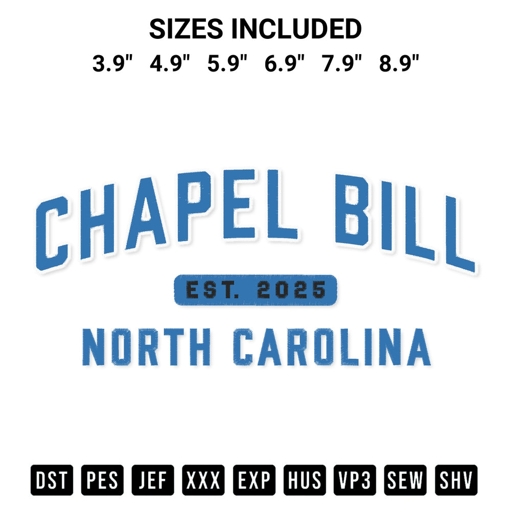 Discover the perfect addition to your crafting collection: Chapel Bill North Carolina Embroidery Design embroidery file. Instantly available at Designspacks.com. Available sizes: 3.9", 4.9", 5.9", 6.9", 7.9", 8.9".