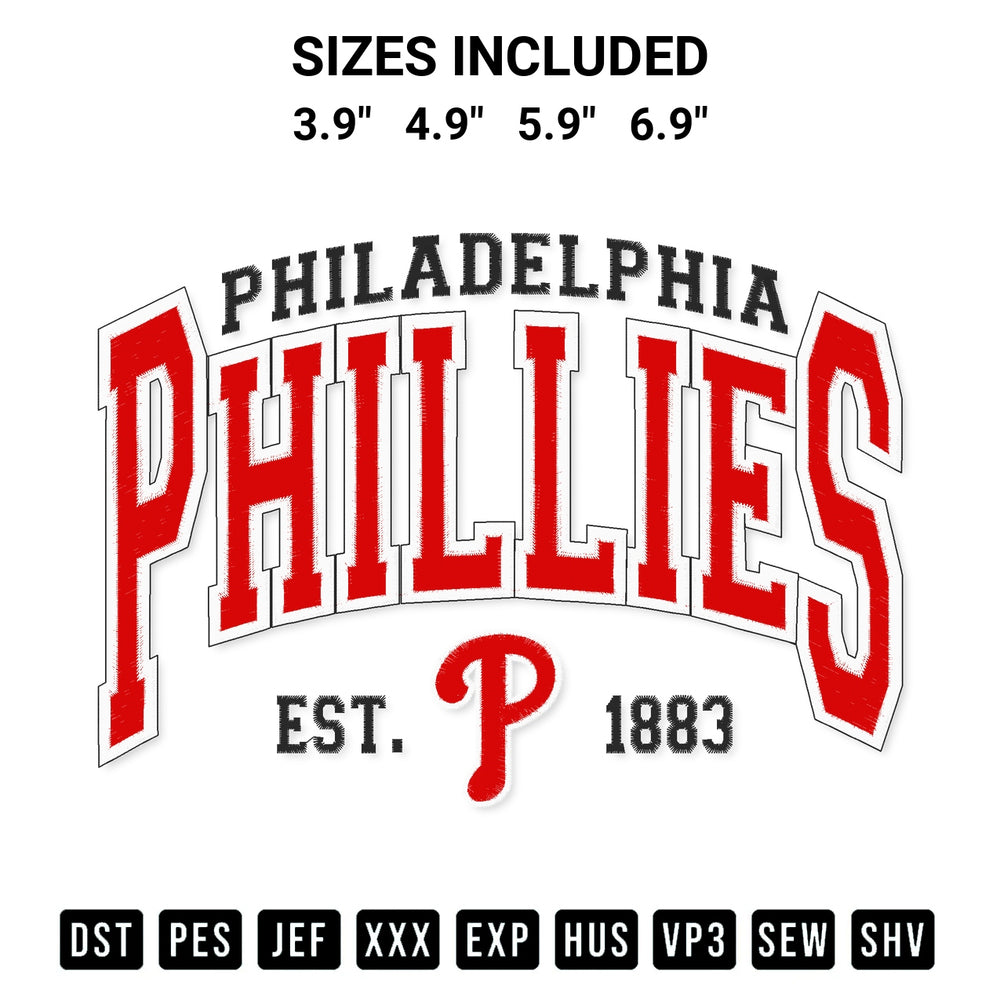Transform your fabrics with the Philadelphia Phillies Est. 1883 Vintage Philadelphia Phillies Baseball 2023 Embroidery Design embroidery design. Instant access to premium digitized patterns at Designspacks.com. Available sizes: 3.9", 4.9", 5.9", 6.9".