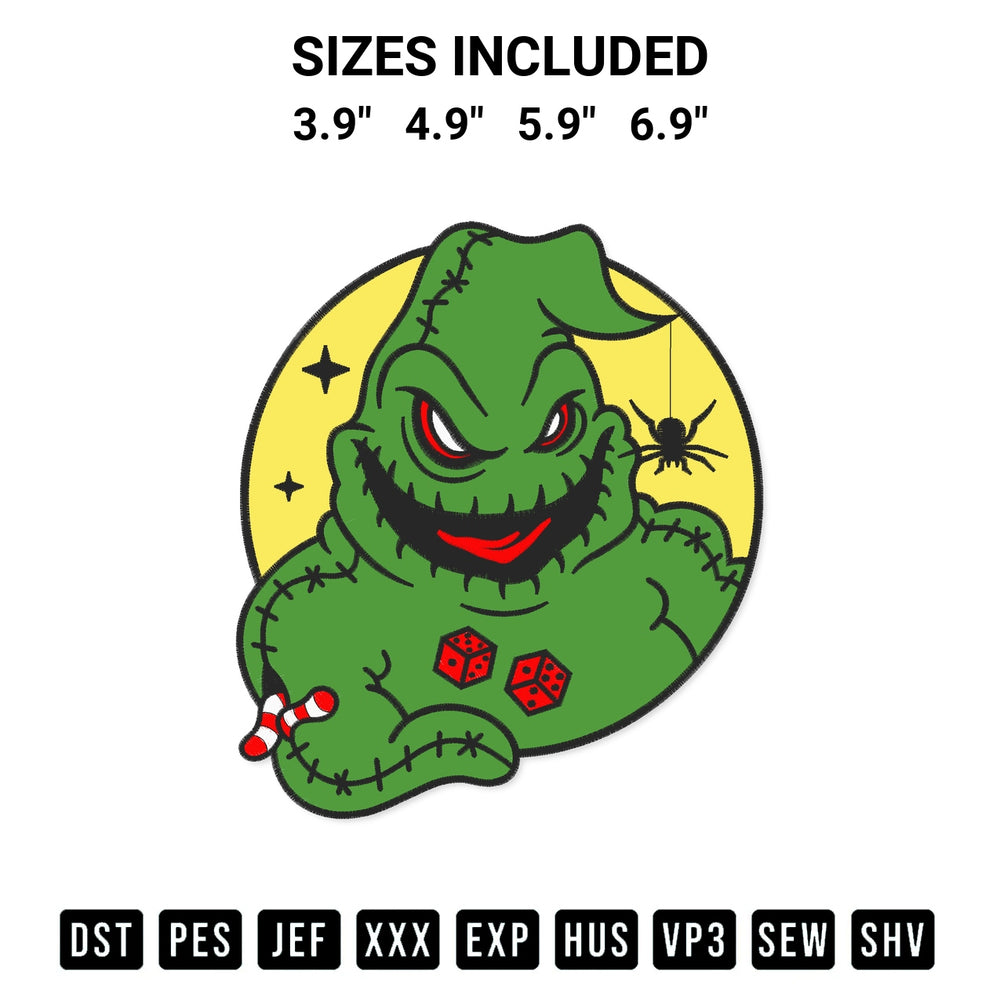 Transform your fabrics with the Oogie Boogies Halloween Embroidery Design embroidery design. Instant access to premium digitized patterns at Designspacks.com. Available sizes: 3.9", 4.9", 5.9", 6.9".