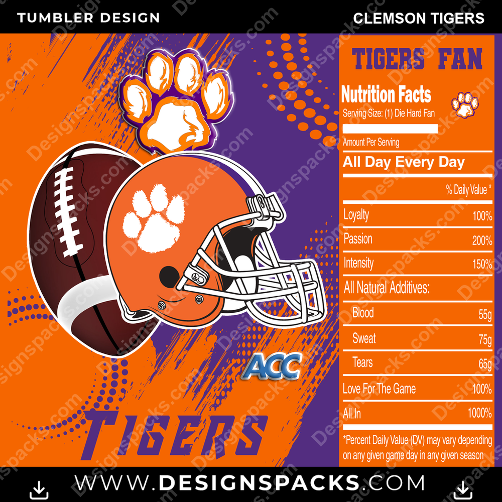 College Sport Team Fan CFB Clemson Tigers NCAA College Sport Tumbler Digital Wrap Design Download