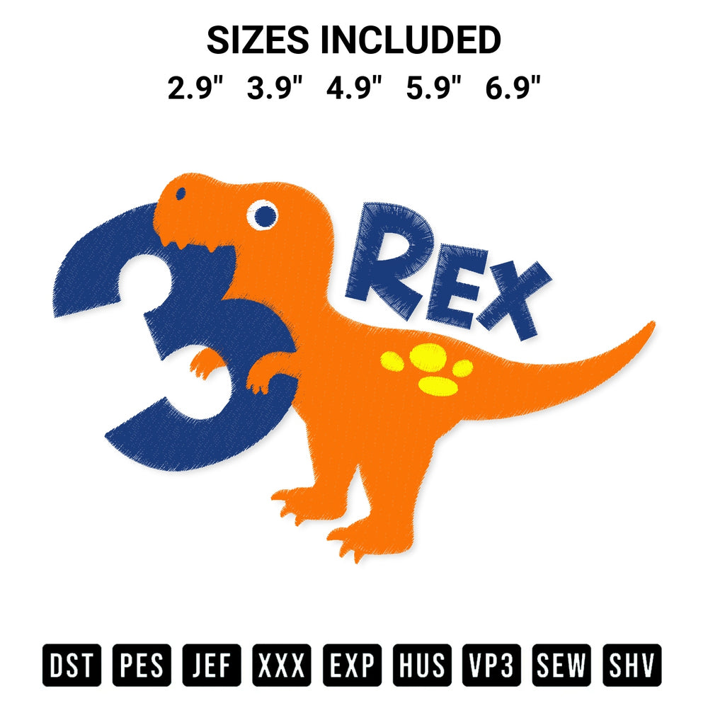 Stitch like a pro with the 3 Rex Boy Dinosaur Birthday Embroidery Design embroidery pattern from Designspacks.com. High-quality digital machine embroidery file. Available sizes: 2.9", 3.9", 4.9", 5.9", 6.9".