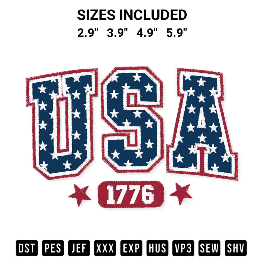 Shop the Usa 1776 Embroidery Design machine embroidery pattern at Designspacks.com. Beautifully digitized for flawless stitching on any fabric. Available sizes: 2.9", 3.9", 4.9", 5.9".