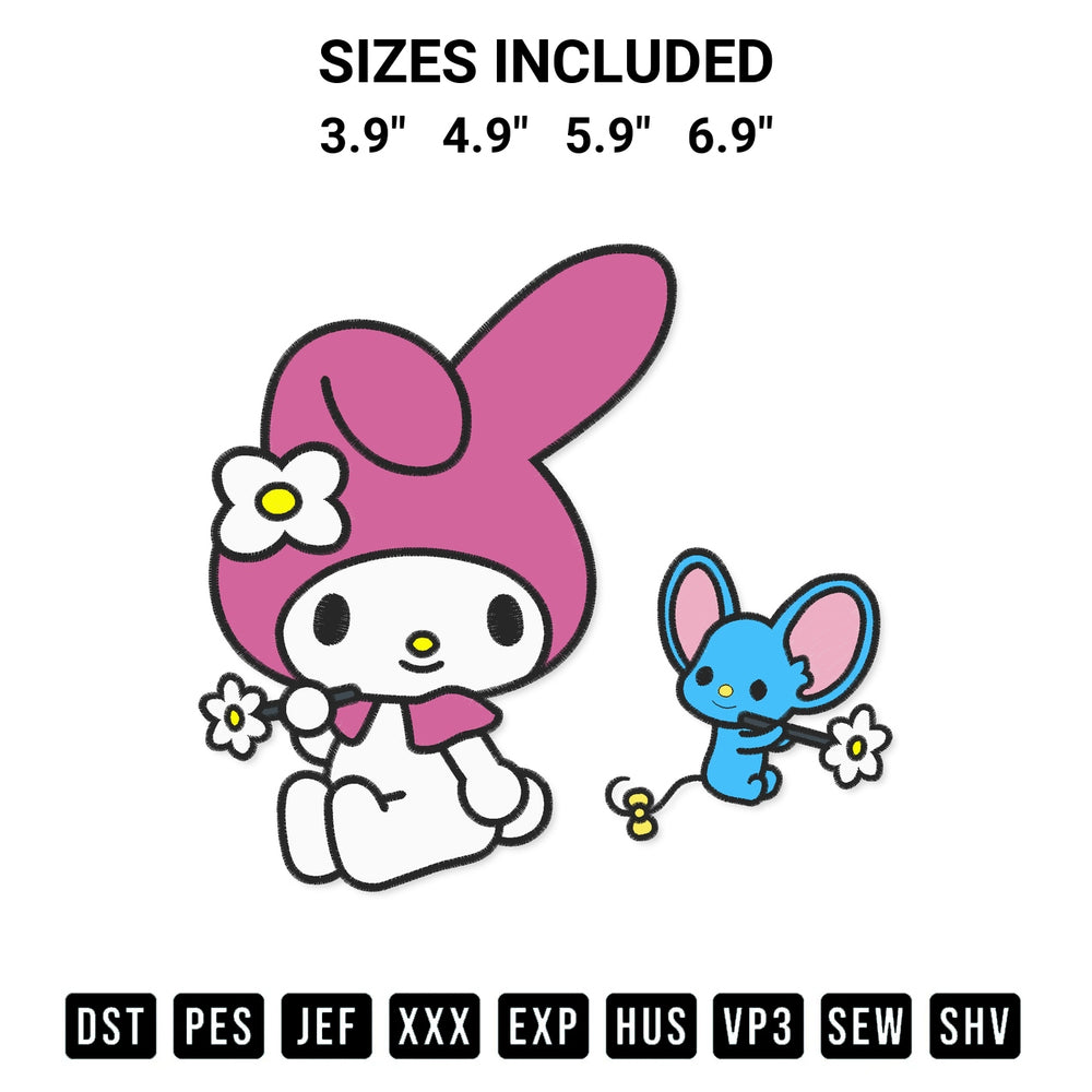 Get the My Melody And Blue Mouse Embroidery Design embroidery design for your custom crafts! Premium digitized files available for instant download at Designspacks.com. Available sizes: 3.9", 4.9", 5.9", 6.9".