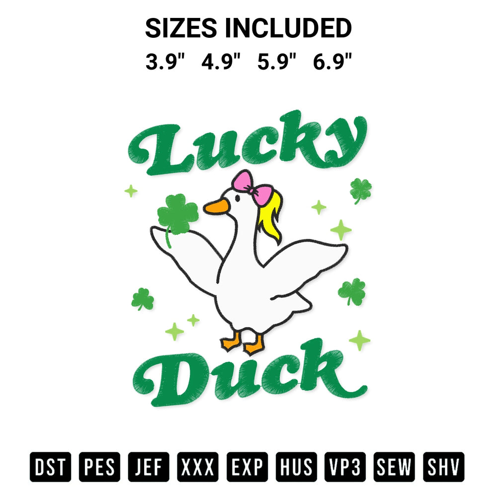 Add a unique touch to your apparel with the Lucky Duck Embroidery Design embroidery file. Premium instant download available now on Designspacks.com. Available sizes: 3.9", 4.9", 5.9", 6.9".