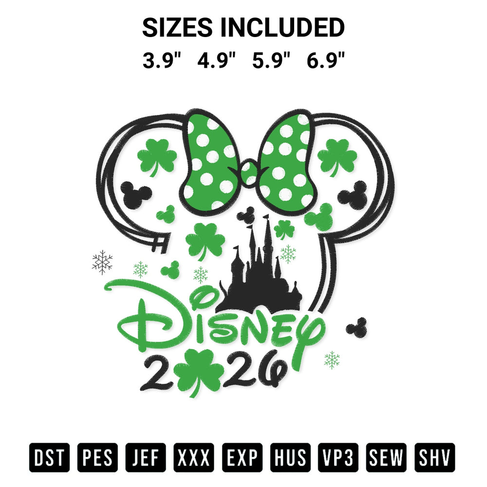 Discover the perfect addition to your crafting collection: Minnie Head Disney 2026 Patricks Day Shamrock Castle Embroidery Design embroidery file. Instantly available at Designspacks.com. Available sizes: 3.9", 4.9", 5.9", 6.9".