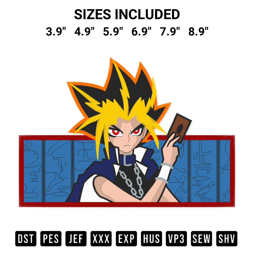 Stitch like a pro with the Yugi Muto Embroidery Design embroidery pattern from Designspacks.com. High-quality digital machine embroidery file. Available sizes: 3.9", 4.9", 5.9", 6.9", 7.9", 8.9".