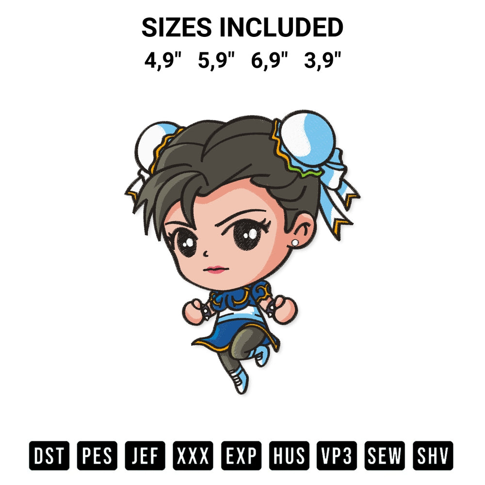 Stitch like a pro with the Chibi Chun Li Game Logo Embroidery Design embroidery pattern from Designspacks.com. High-quality digital machine embroidery file. Available sizes: 4,9", 5,9", 6,9", 3,9".